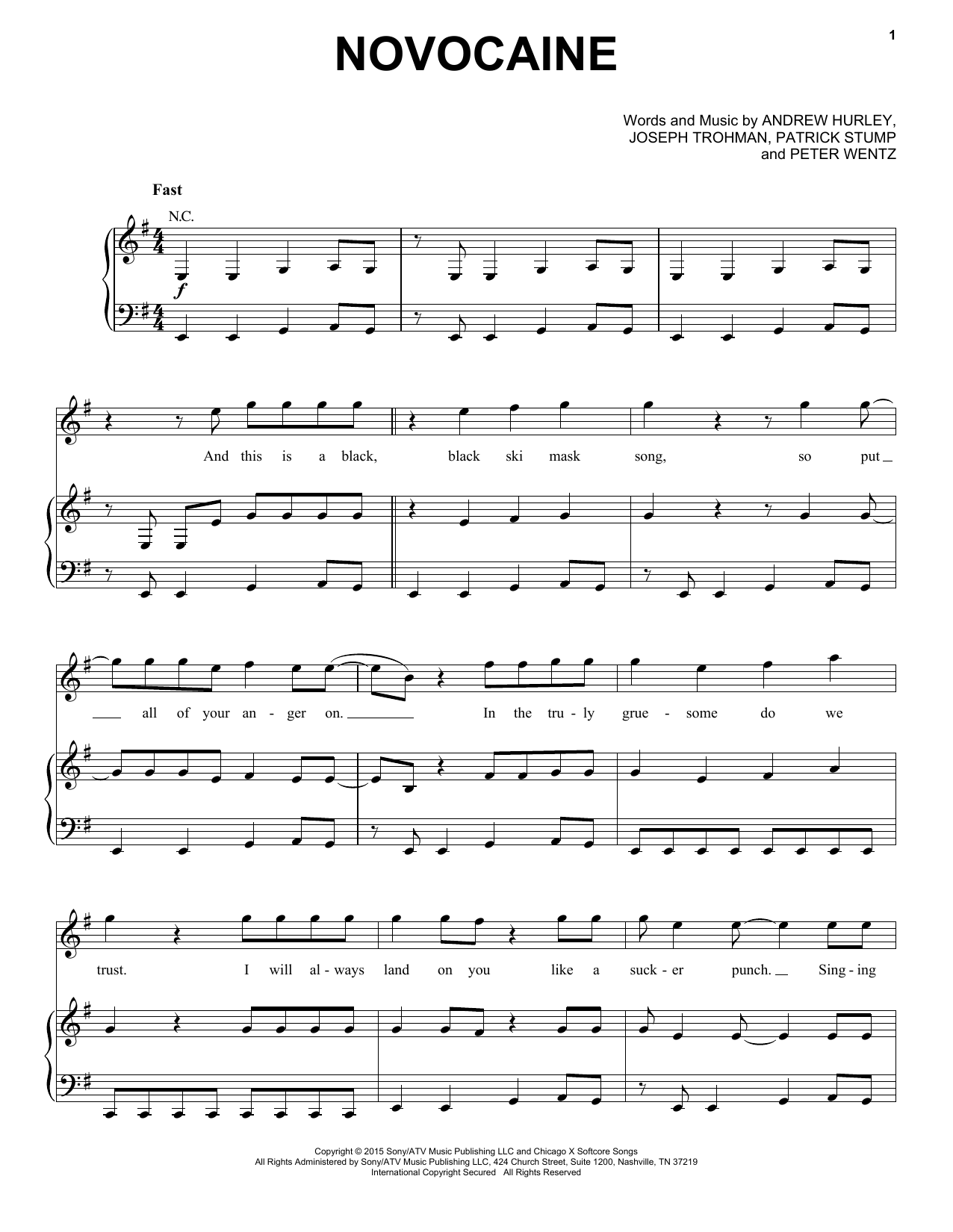 Download Fall Out Boy Novocaine Sheet Music and learn how to play Piano, Vocal & Guitar (Right-Hand Melody) PDF digital score in minutes