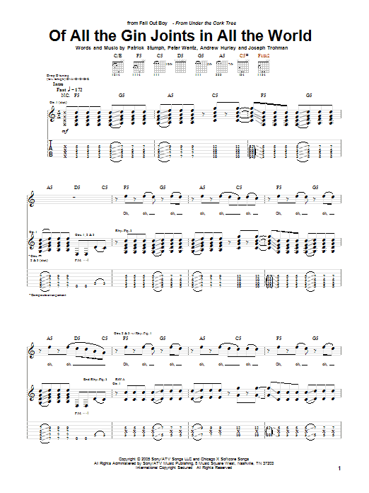 Download Fall Out Boy Of All The Gin Joints In All The World Sheet Music and learn how to play Guitar Tab PDF digital score in minutes