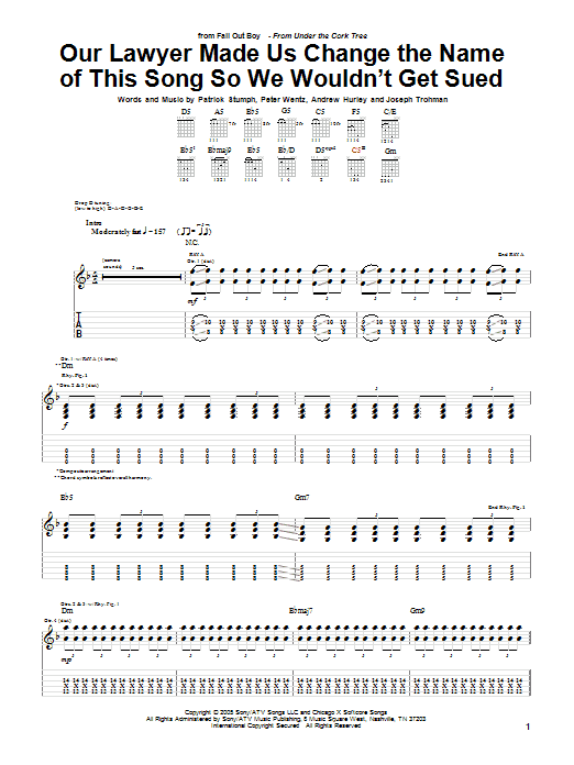 Download Fall Out Boy Our Lawyer Made Us Change The Name Of This Song So We Wouldn't Get Sued Sheet Music and learn how to play Guitar Tab PDF digital score in minutes