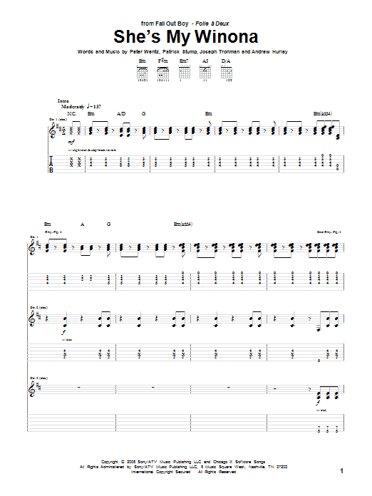 Download Fall Out Boy She's My Winona Sheet Music and learn how to play Guitar Tab PDF digital score in minutes