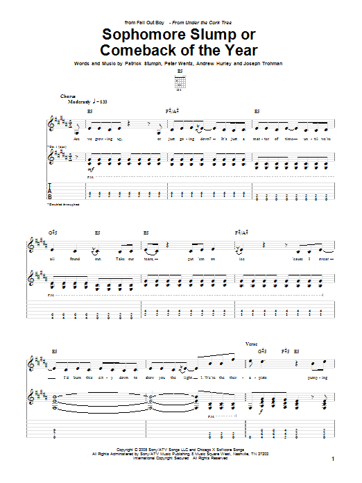 Download Fall Out Boy Sophomore Slump Or Comeback Of The Year Sheet Music and learn how to play Guitar Tab PDF digital score in minutes