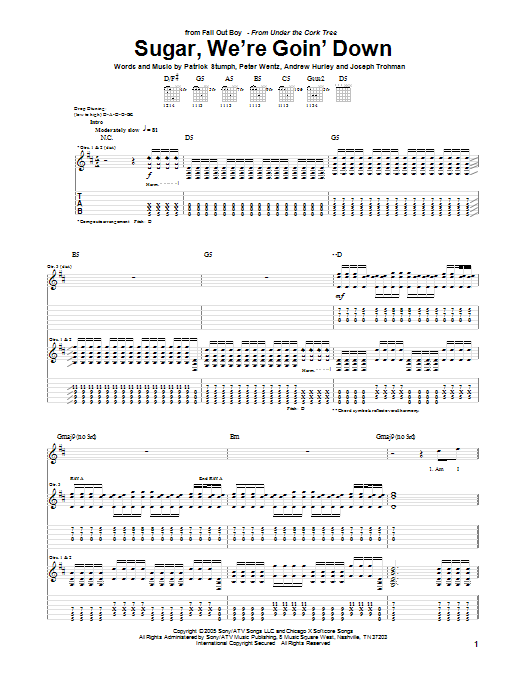 Download Fall Out Boy Sugar, We're Goin' Down Sheet Music and learn how to play Guitar Lead Sheet PDF digital score in minutes