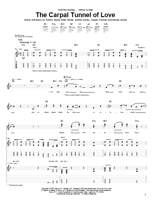 Download Fall Out Boy The Carpal Tunnel Of Love Sheet Music and learn how to play Guitar Tab PDF digital score in minutes