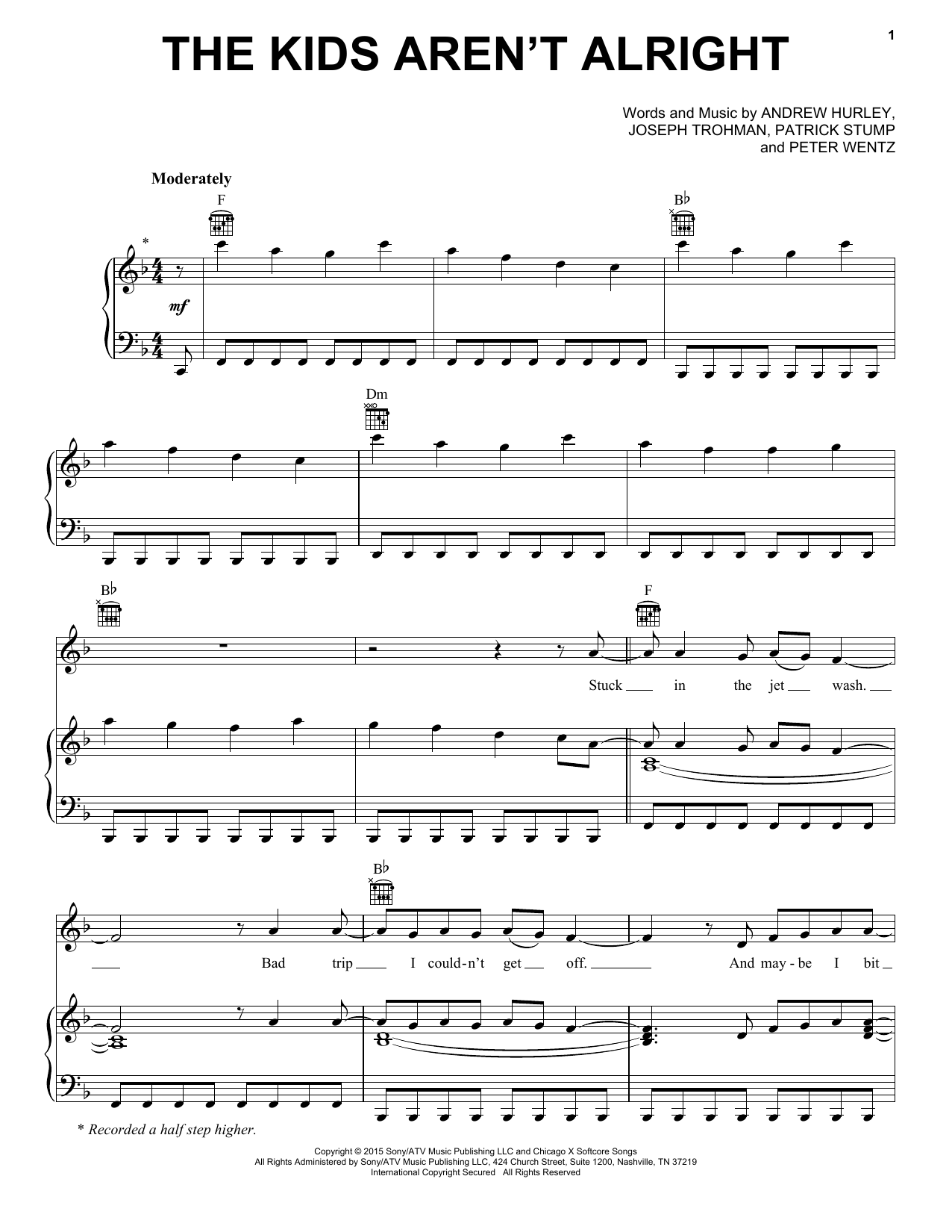 Download Fall Out Boy The Kids Aren't Alright Sheet Music and learn how to play Piano, Vocal & Guitar (Right-Hand Melody) PDF digital score in minutes