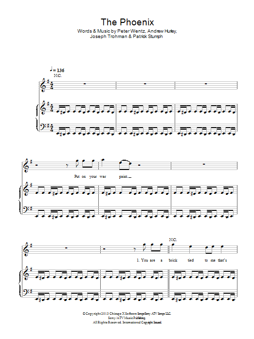 Download Fall Out Boy The Phoenix Sheet Music and learn how to play Piano, Vocal & Guitar (Right-Hand Melody) PDF digital score in minutes