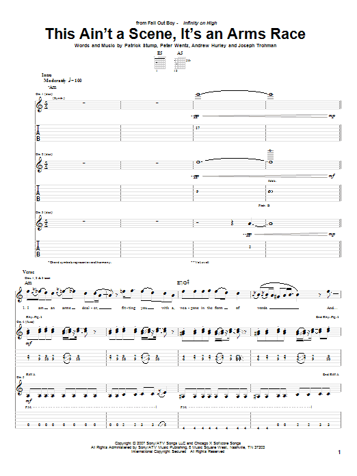 Download Fall Out Boy This Ain't A Scene, It's An Arms Race Sheet Music and learn how to play Guitar Lead Sheet PDF digital score in minutes