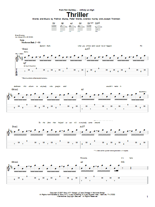 Download Fall Out Boy Thriller Sheet Music and learn how to play Guitar Tab PDF digital score in minutes