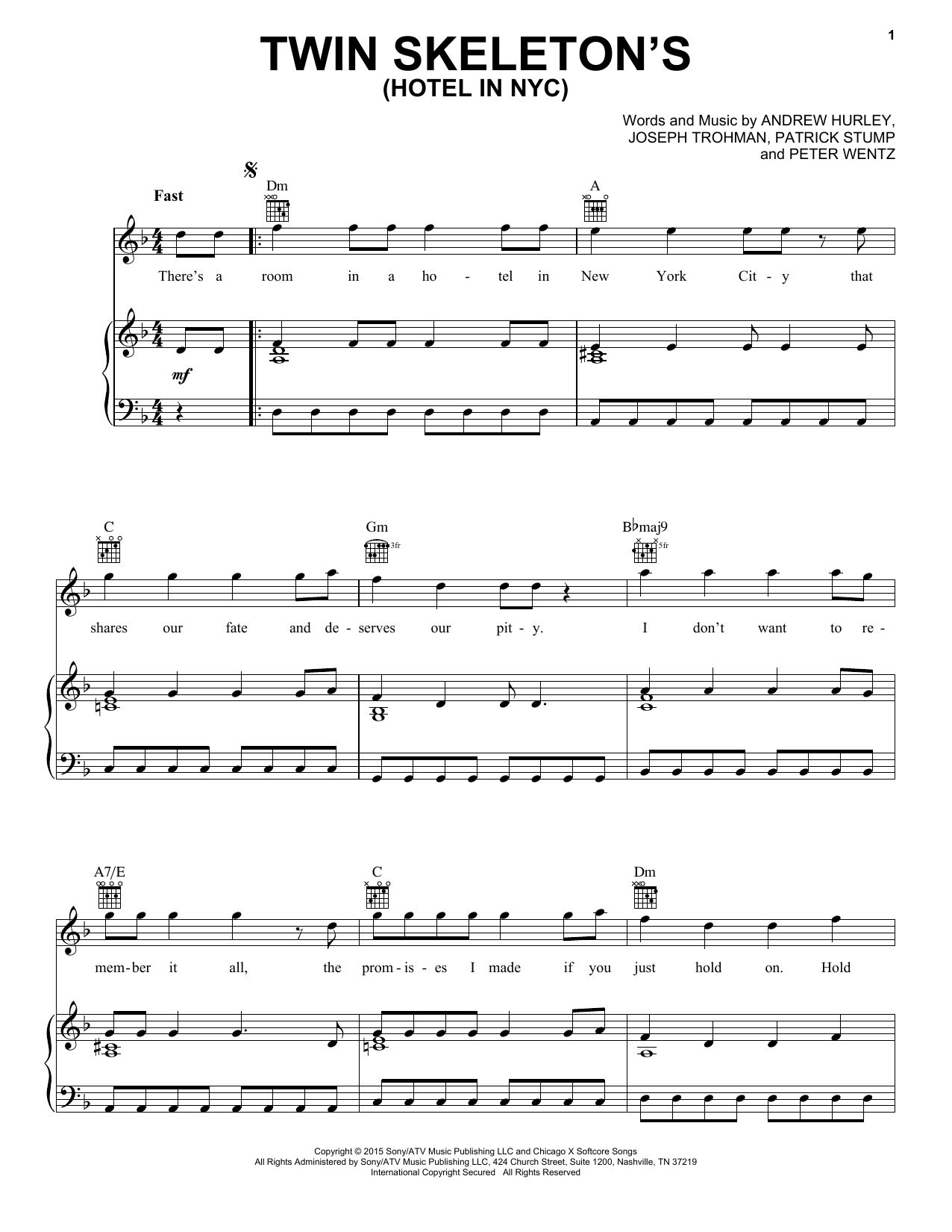 Download Fall Out Boy Twin Skeleton's (Hotel In NYC) Sheet Music and learn how to play Piano, Vocal & Guitar (Right-Hand Melody) PDF digital score in minutes