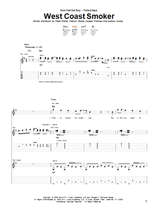 Download Fall Out Boy West Coast Smoker Sheet Music and learn how to play Guitar Tab PDF digital score in minutes