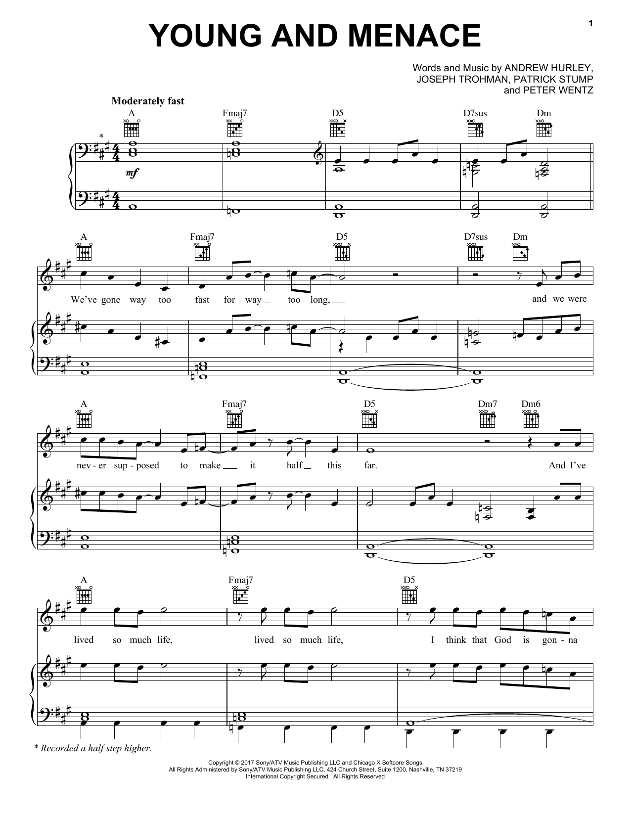 Download Fall Out Boy Young And Menace Sheet Music and learn how to play Piano, Vocal & Guitar (Right-Hand Melody) PDF digital score in minutes