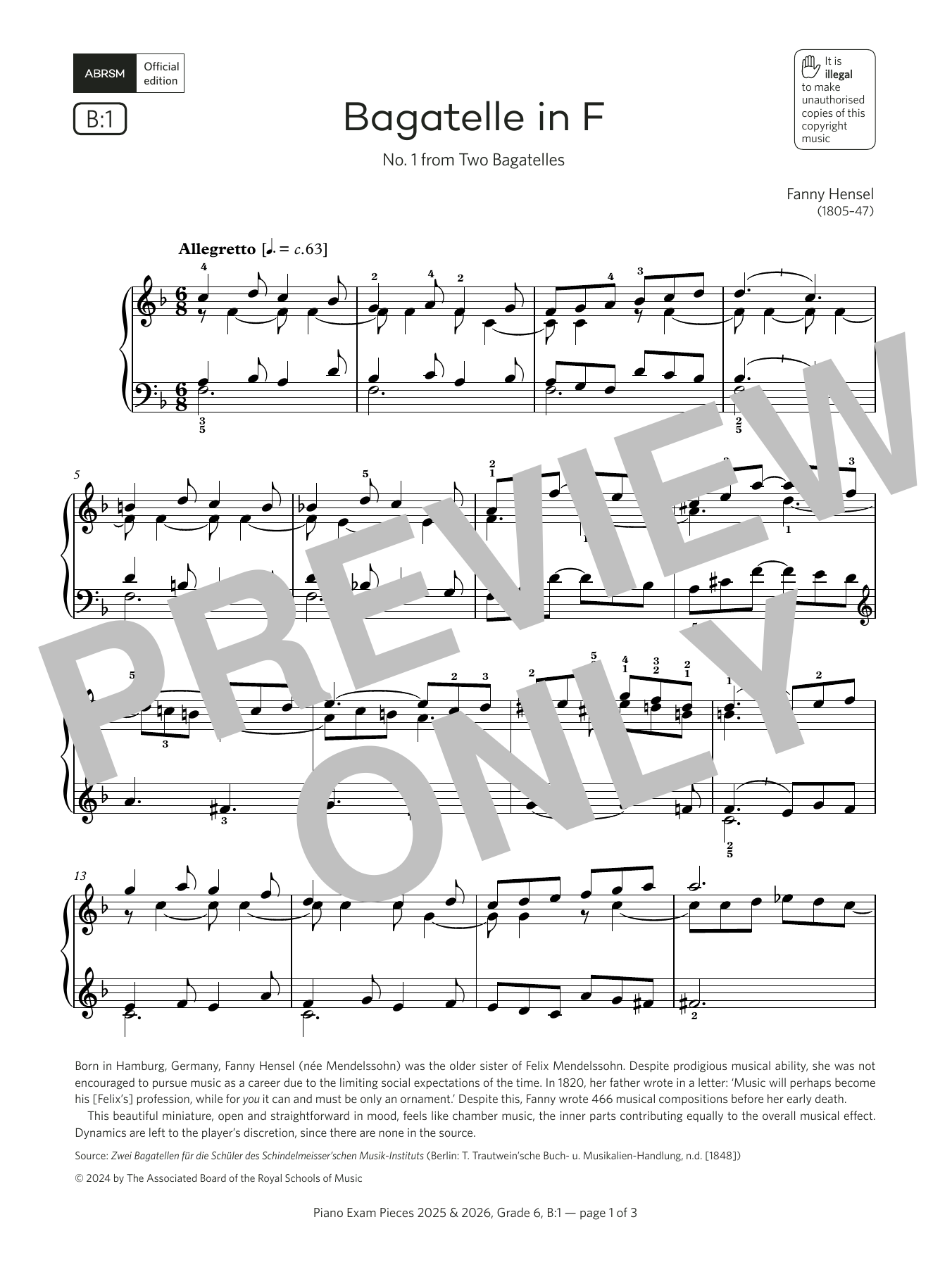 Download Fanny Hensel Bagatelle in F (Grade 6, list B1, from the ABRSM Piano Syllabus 2025 & 2026) Sheet Music and learn how to play Piano Solo PDF digital score in minutes