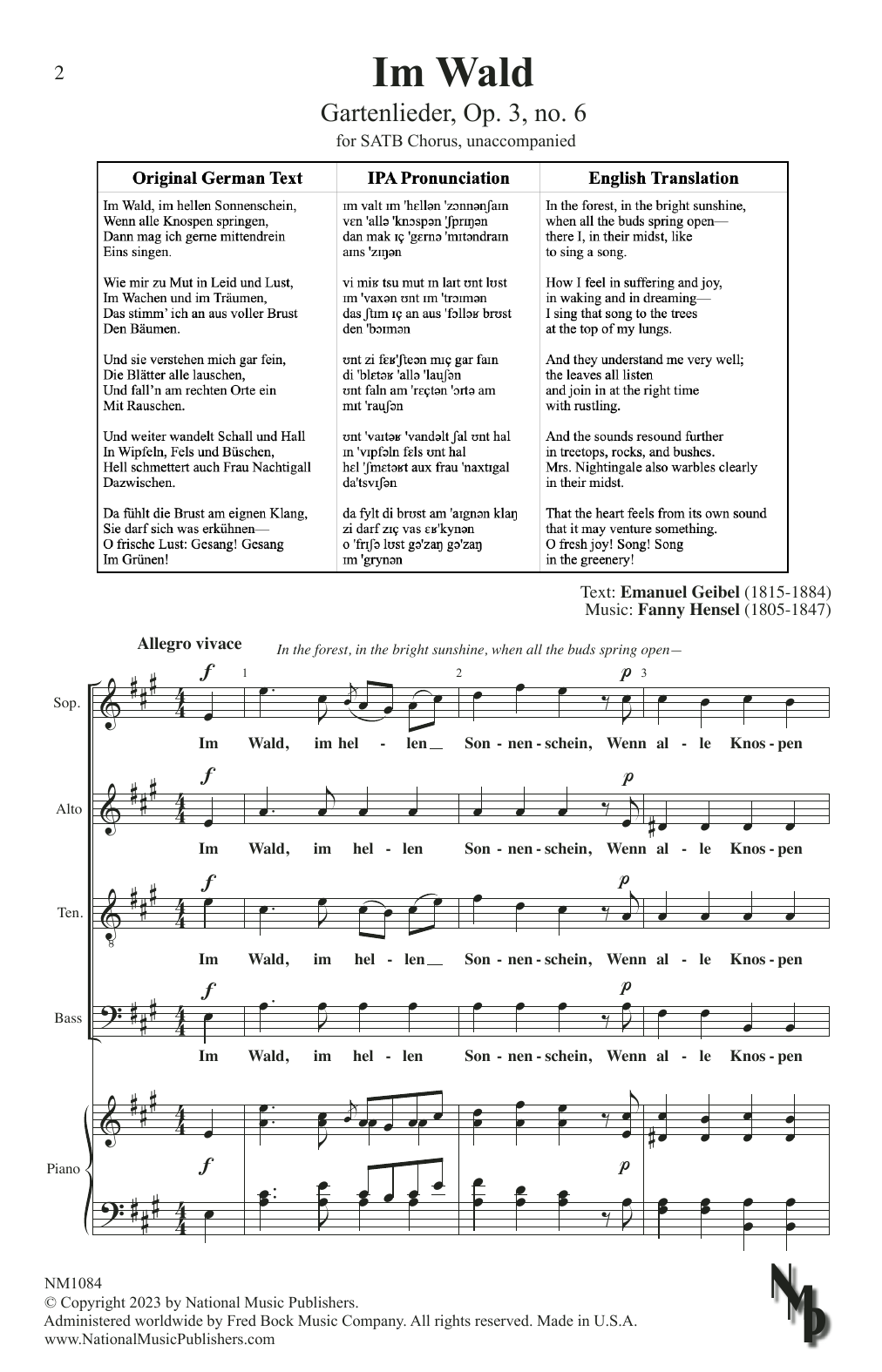 Download Fanny Hensel Im Wald (Gartenlieder, Op. 3, no. 6) Sheet Music and learn how to play SATB Choir PDF digital score in minutes