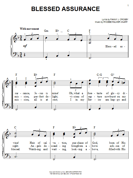 Download Phoebe P. Knapp Blessed Assurance Sheet Music and learn how to play Lyrics & Chords PDF digital score in minutes