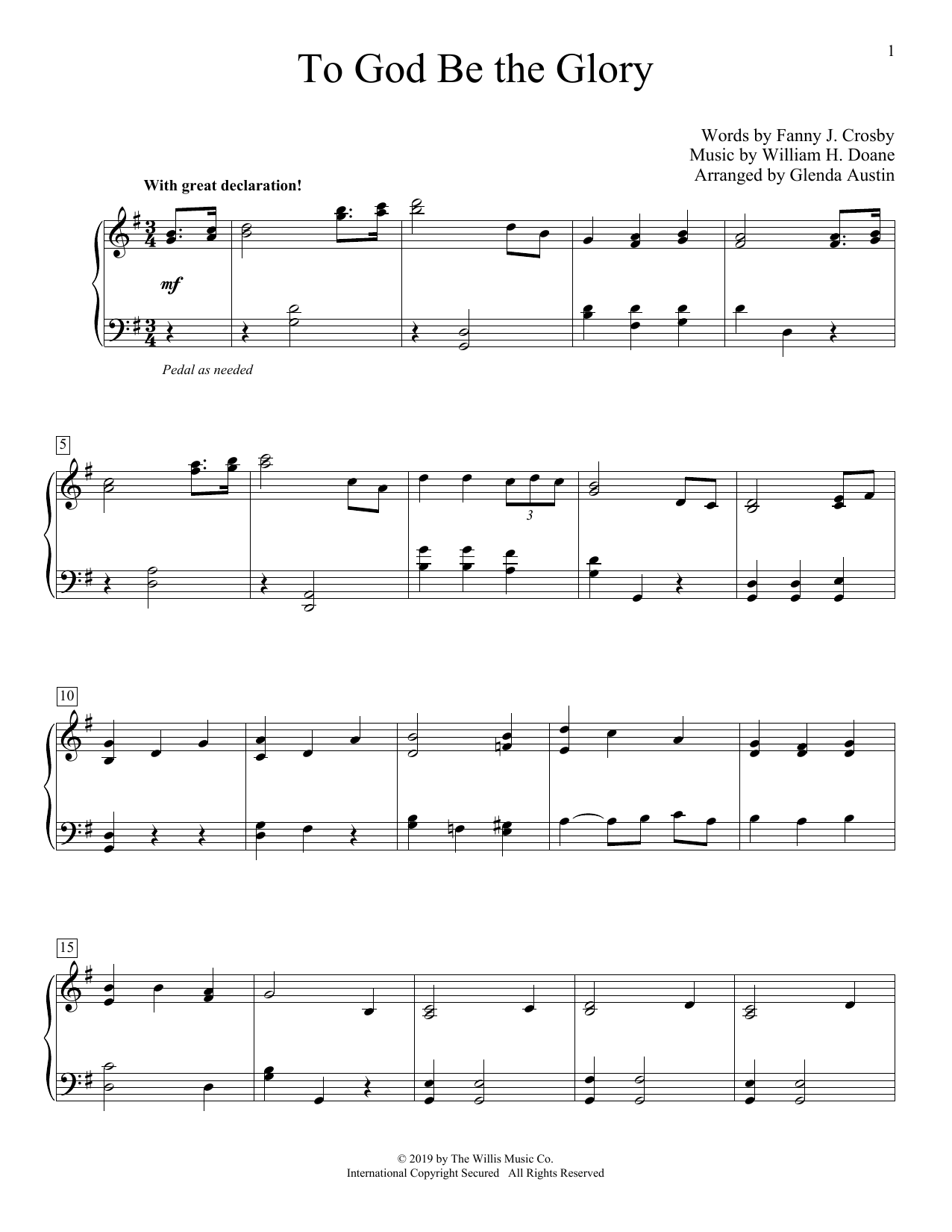 Download Fanny J. Crosby To God Be The Glory (arr. Glenda Austin) Sheet Music and learn how to play Educational Piano PDF digital score in minutes