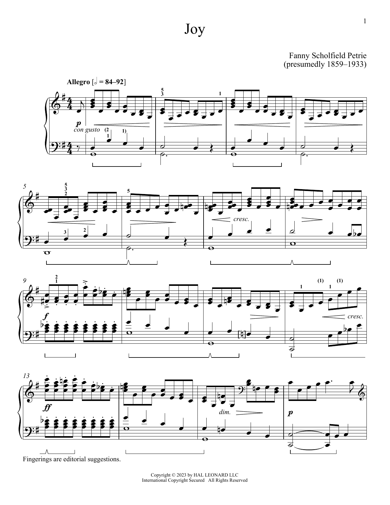 Download Fanny Schofield Petrie Joy Sheet Music and learn how to play Piano Solo PDF digital score in minutes