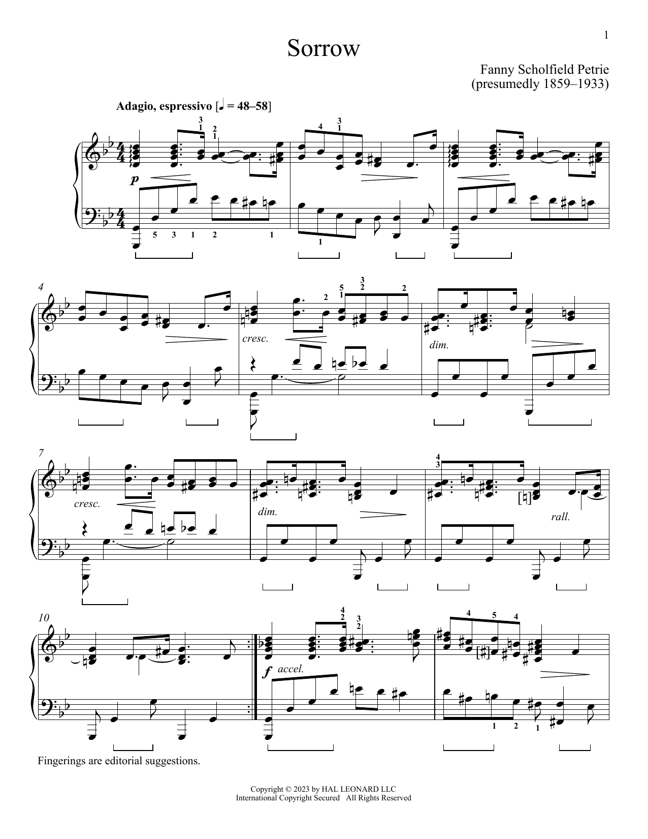 Download Fanny Schofield Petrie Sorrow Sheet Music and learn how to play Piano Solo PDF digital score in minutes