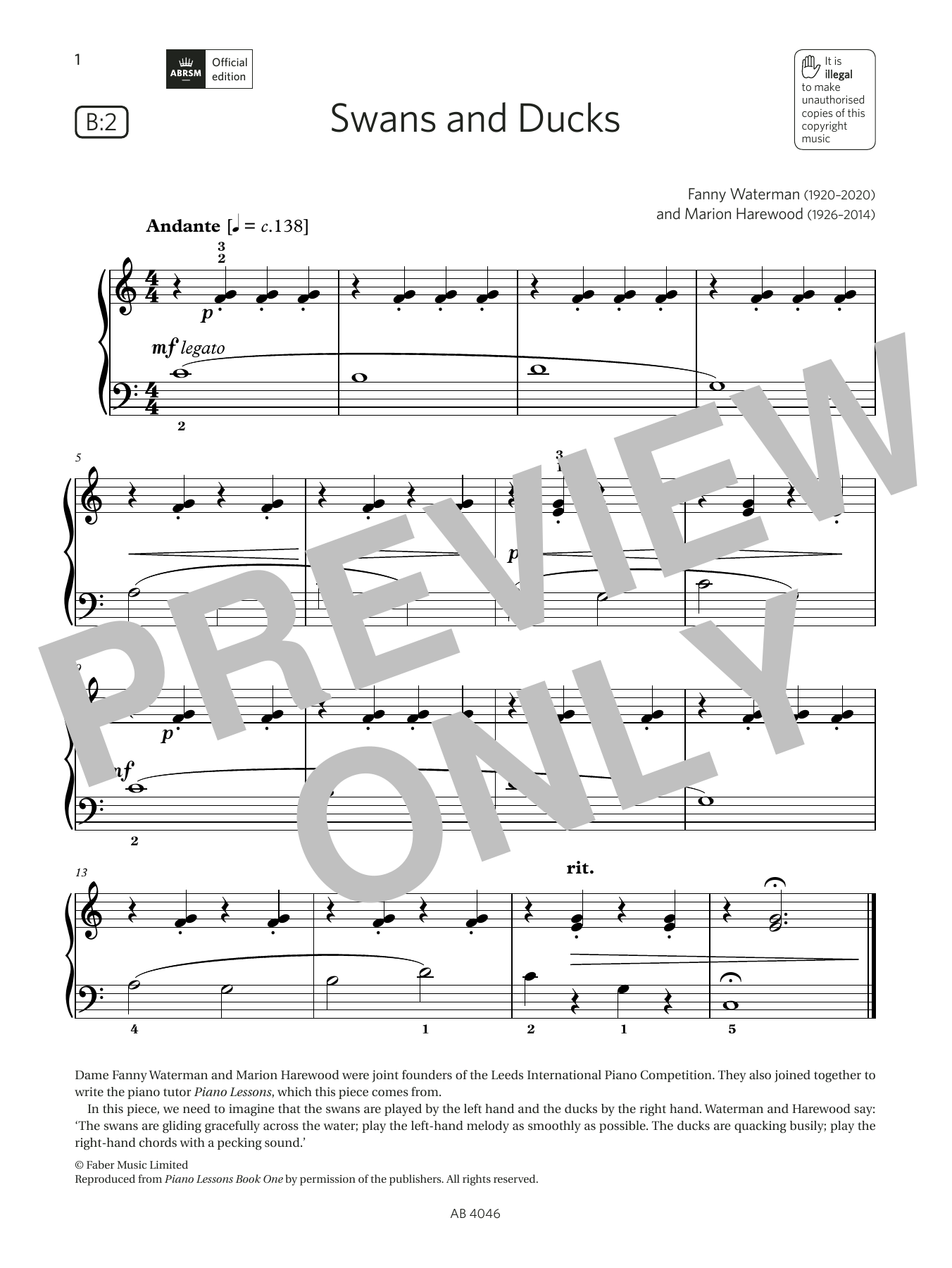 Download Fanny Waterman & Marion Harewood Swans and Ducks (Grade Initial, list B2, from the ABRSM Piano Syllabus 2023 & 20 Sheet Music and learn how to play Piano Solo PDF digital score in minutes