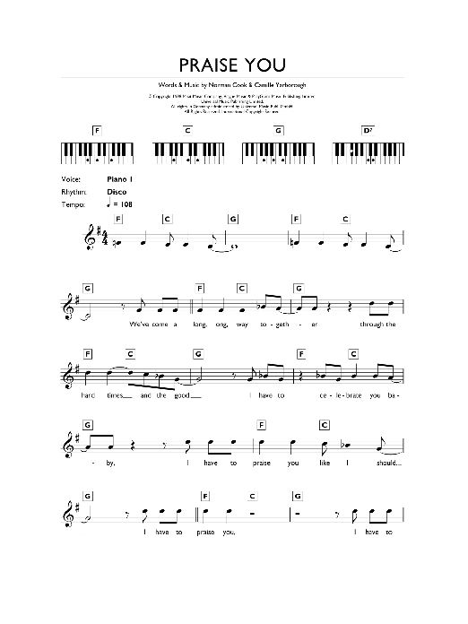 Download Fatboy Slim Praise You Sheet Music and learn how to play Keyboard PDF digital score in minutes
