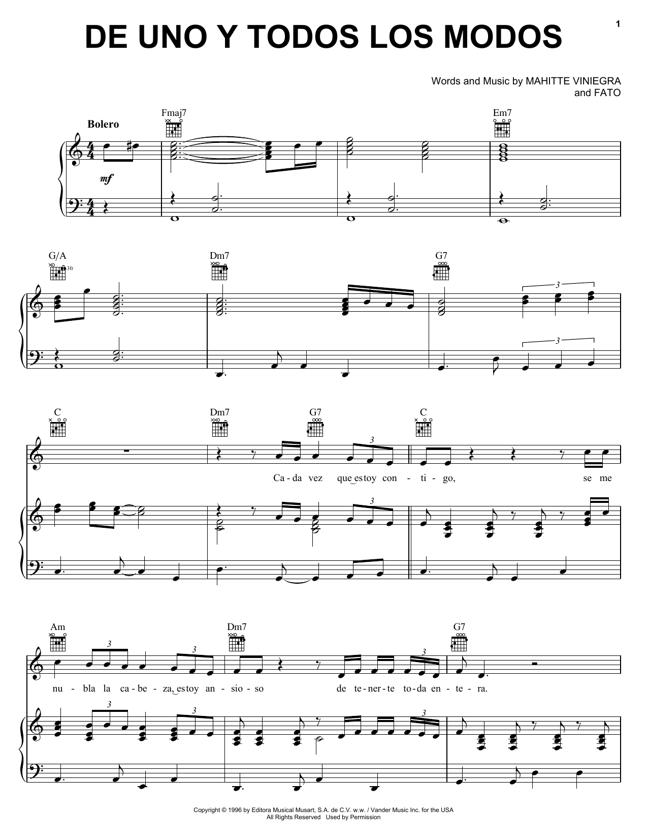 Download FATO De Uno Y Todos Los Modos Sheet Music and learn how to play Piano, Vocal & Guitar (Right-Hand Melody) PDF digital score in minutes