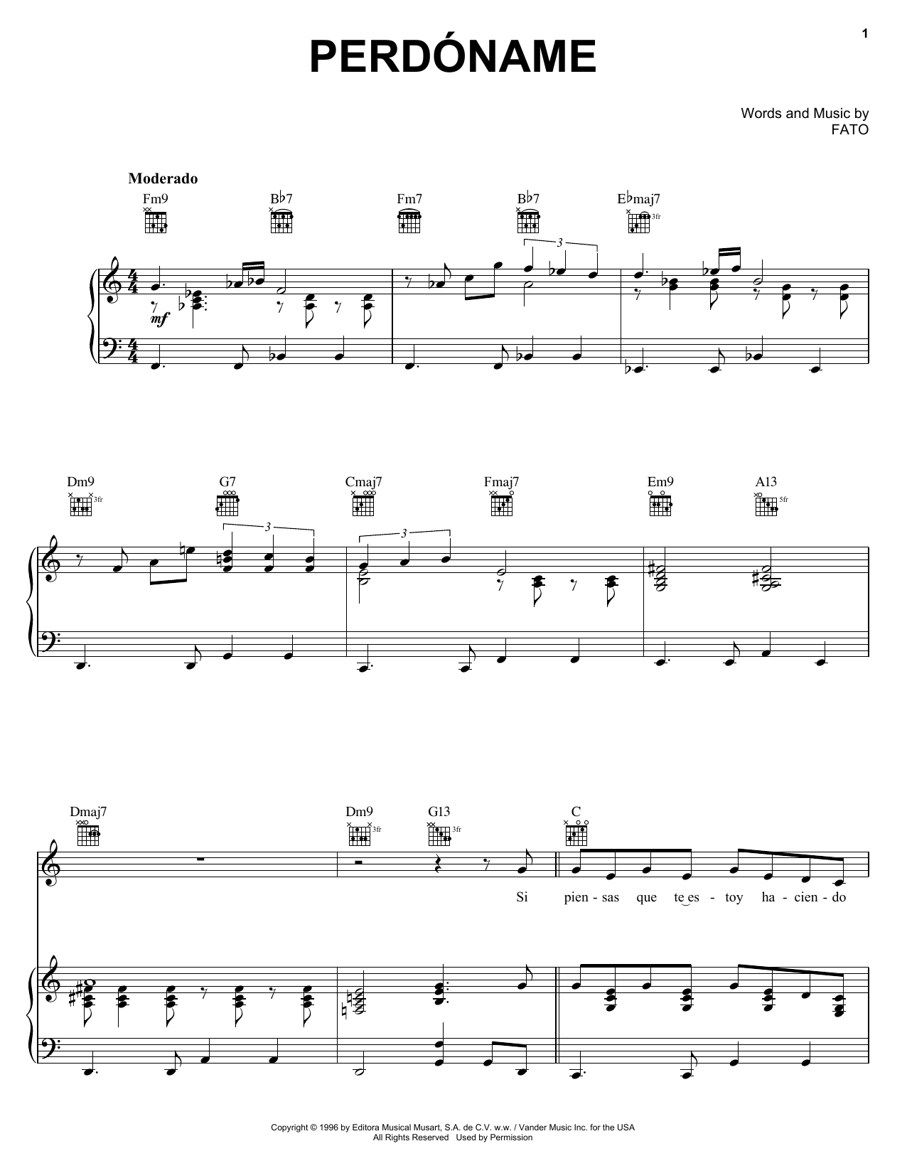 Download FATO Perdoname Sheet Music and learn how to play Piano, Vocal & Guitar (Right-Hand Melody) PDF digital score in minutes