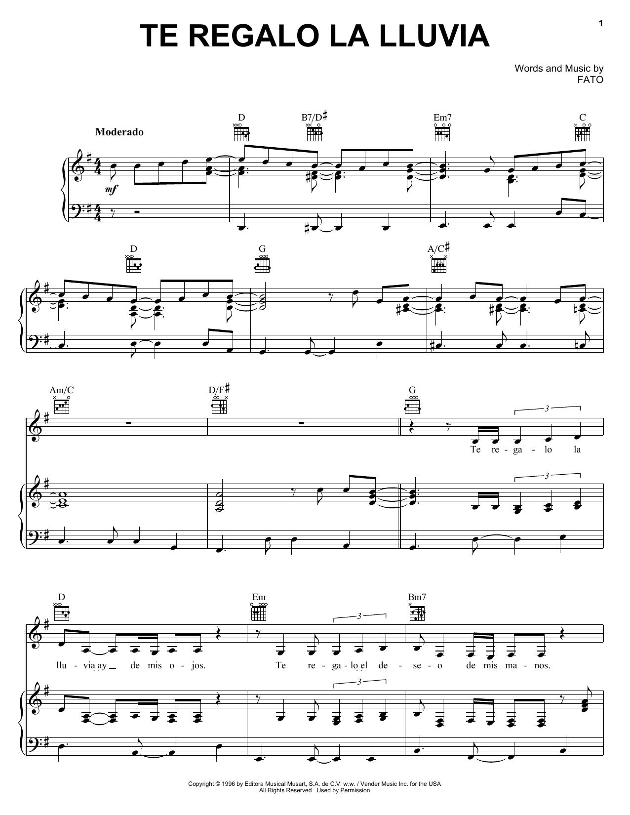 Download FATO Te Regalo La Lluvia Sheet Music and learn how to play Piano, Vocal & Guitar (Right-Hand Melody) PDF digital score in minutes