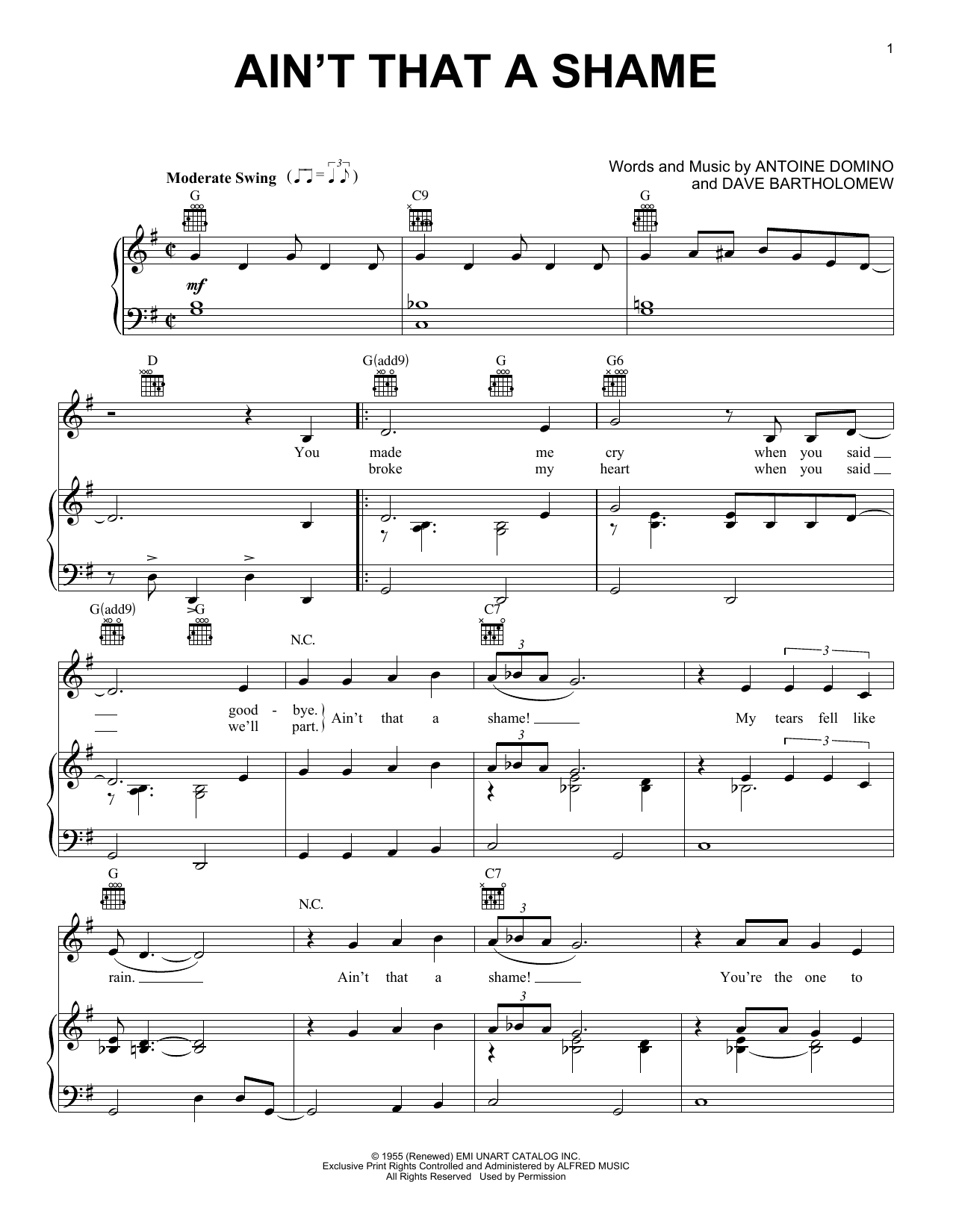 Download Fats Domino Ain't That A Shame Sheet Music and learn how to play Piano, Vocal & Guitar PDF digital score in minutes