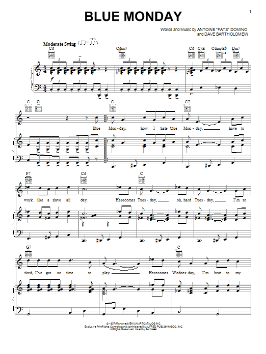 Download Fats Domino Blue Monday Sheet Music and learn how to play Piano, Vocal & Guitar (Right-Hand Melody) PDF digital score in minutes