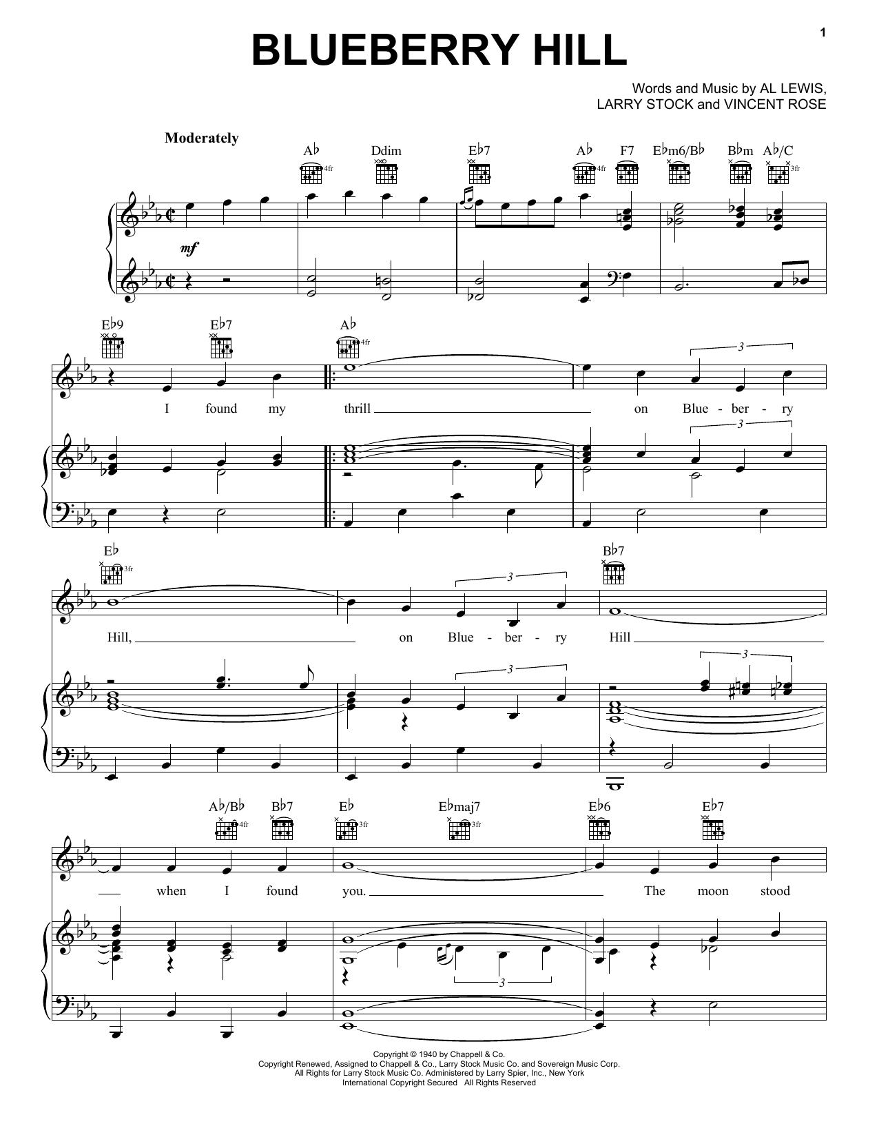 Download Fats Domino Blueberry Hill Sheet Music and learn how to play Piano PDF digital score in minutes