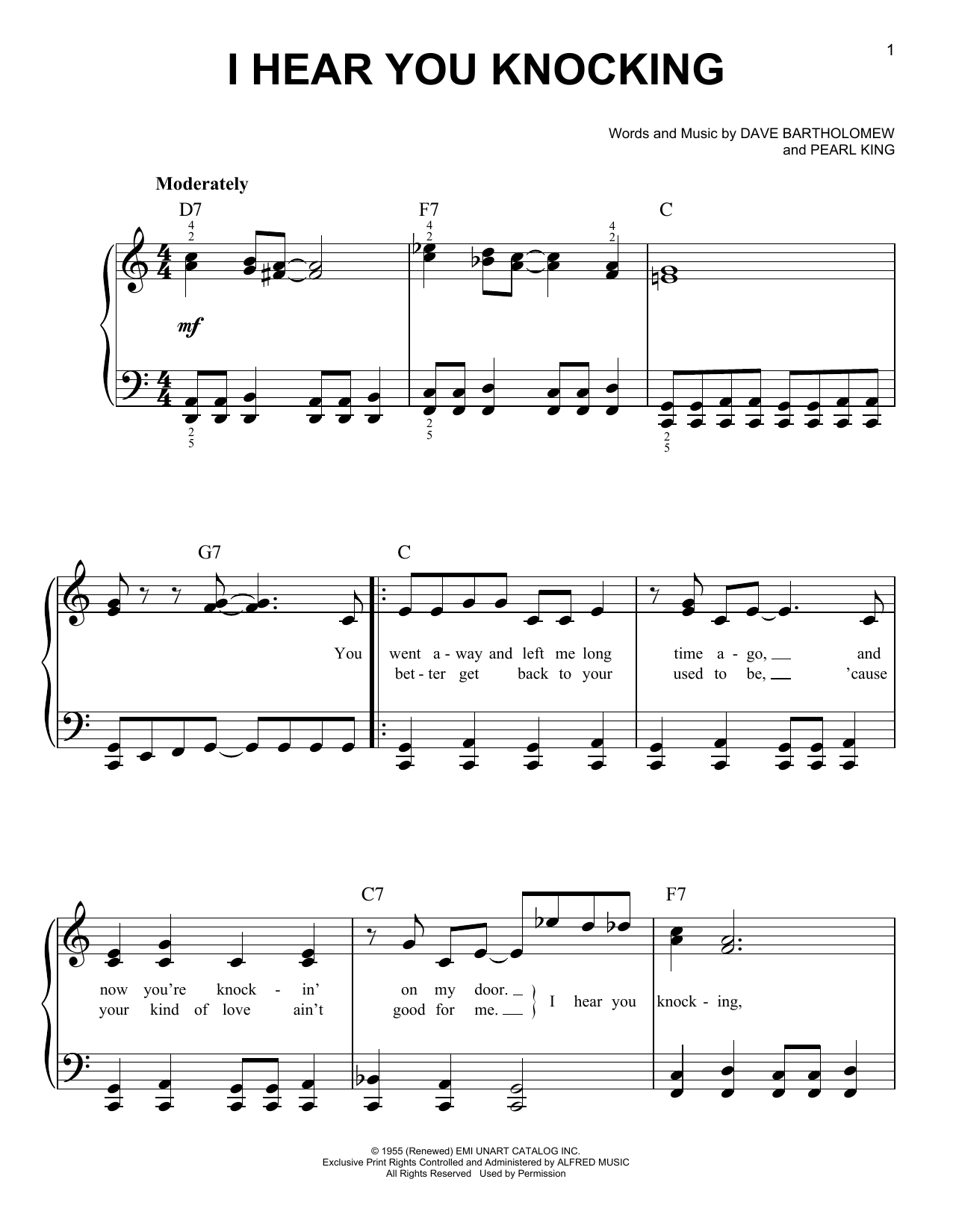 Download Fats Domino I Hear You Knocking Sheet Music and learn how to play Real Book – Melody & Chords PDF digital score in minutes