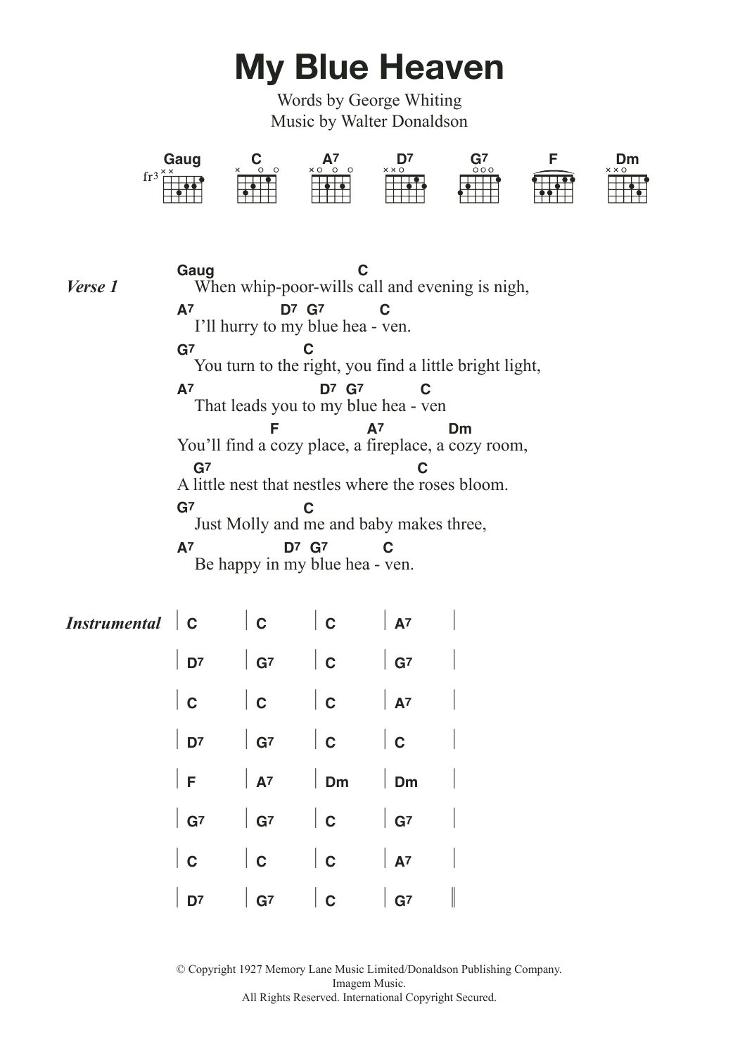 Download Fats Domino My Blue Heaven Sheet Music and learn how to play Lyrics & Chords PDF digital score in minutes