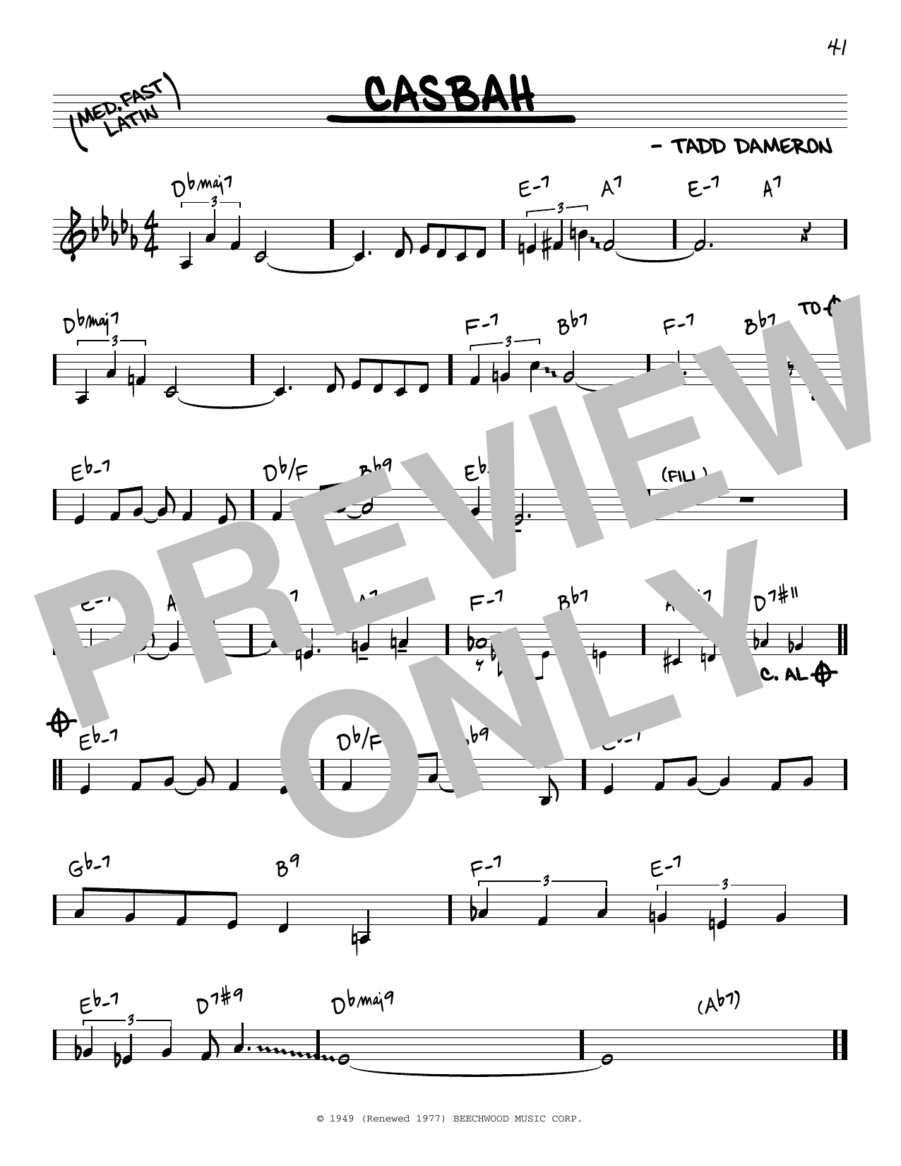Download Fats Navarro & Tadd Dameron Casbah Sheet Music and learn how to play Real Book – Melody & Chords PDF digital score in minutes