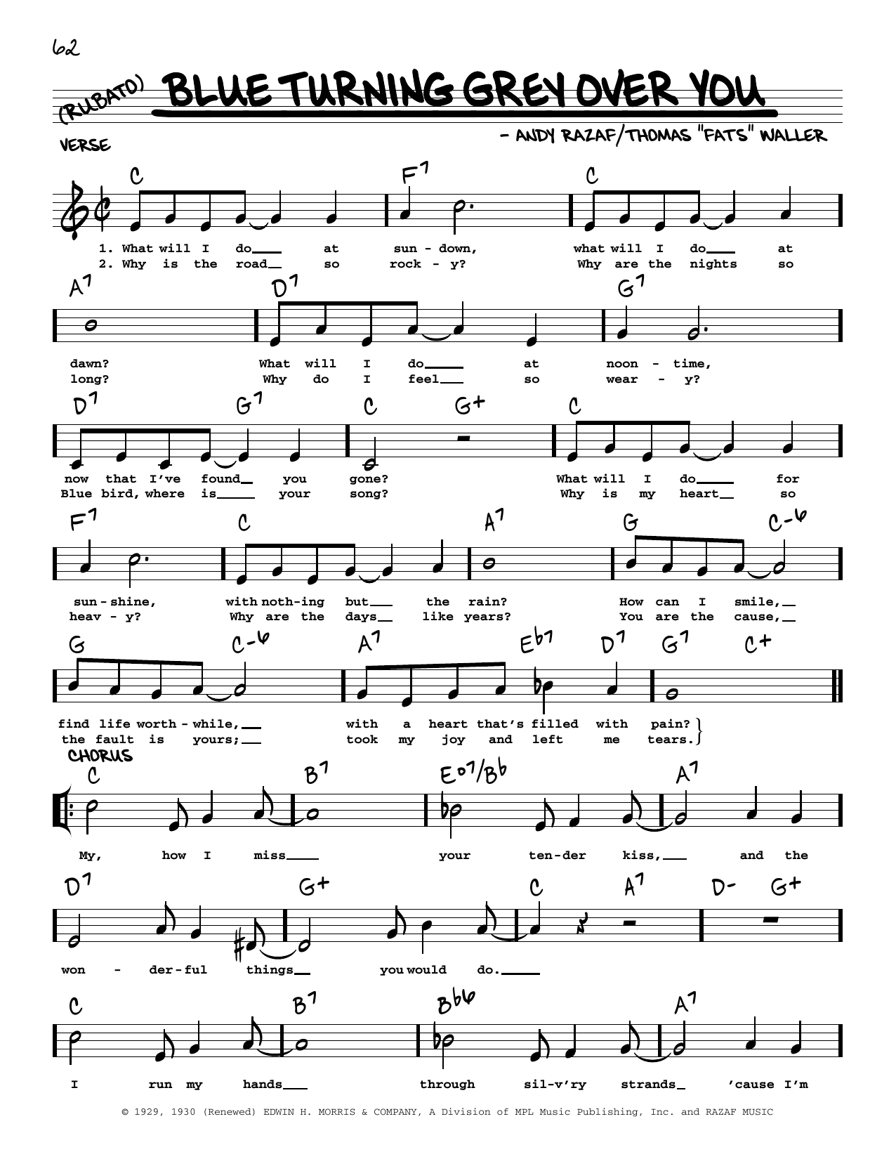 Download Fats Waller Blue Turning Grey Over You (arr. Robert Rawlins) Sheet Music and learn how to play Real Book – Melody, Lyrics & Chords PDF digital score in minutes