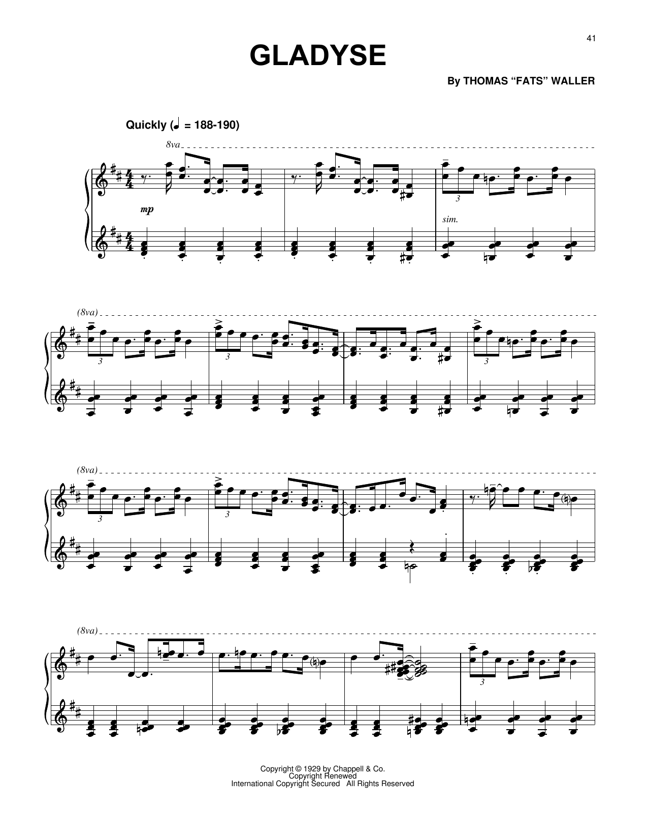 Download Fats Waller Gladyse Sheet Music and learn how to play Piano Solo PDF digital score in minutes