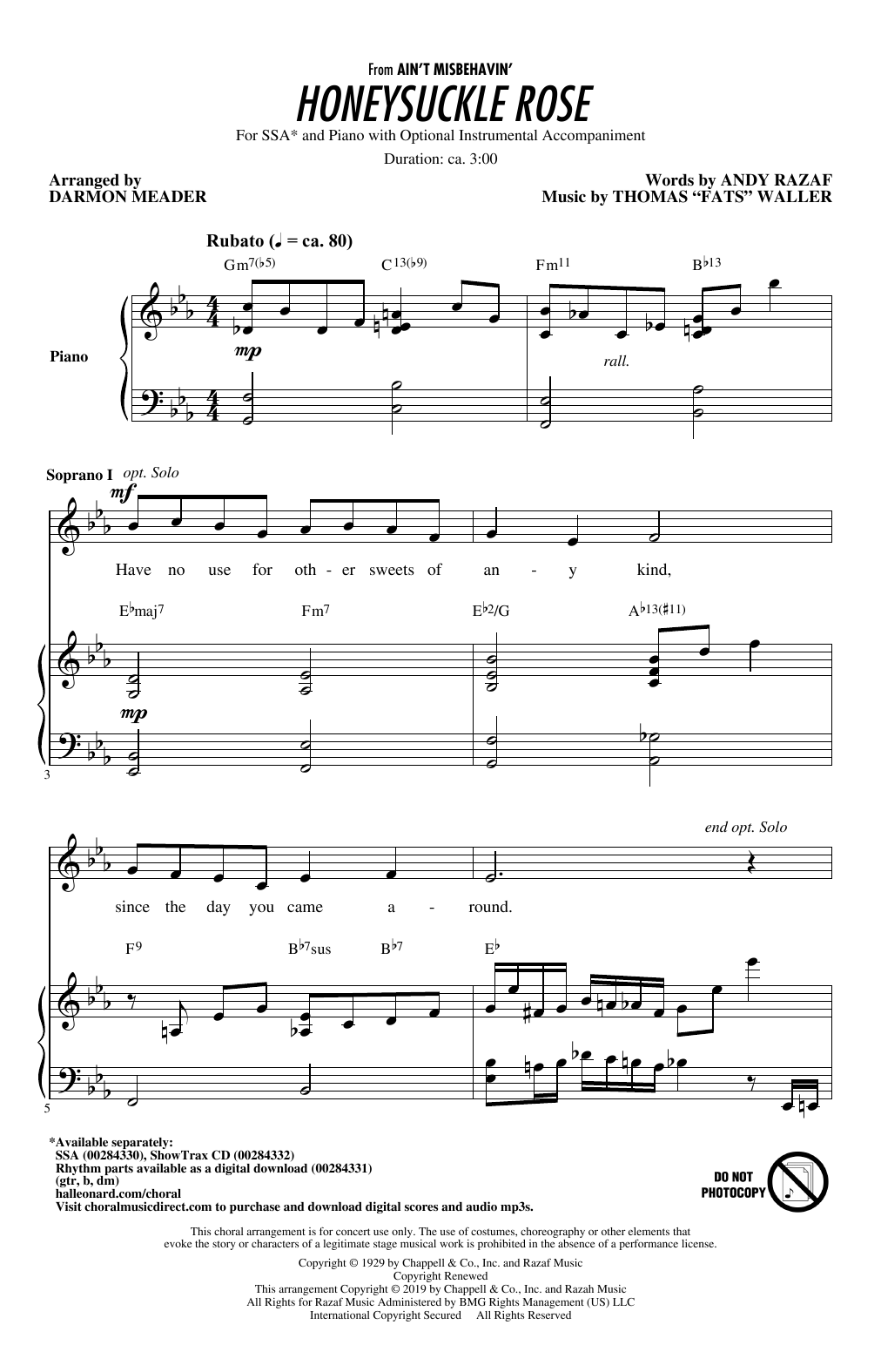 Download Fats Waller Honeysuckle Rose (arr. Darmon Meader) Sheet Music and learn how to play SSA Choir PDF digital score in minutes