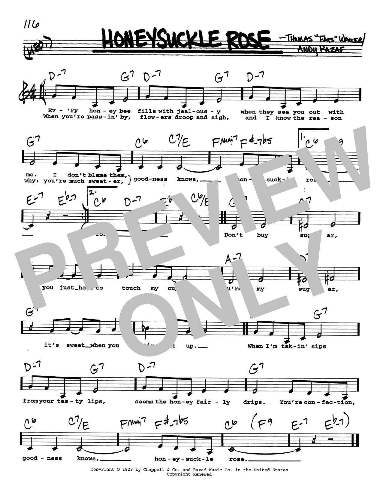 Download Fats Waller Honeysuckle Rose (Low Voice) Sheet Music and learn how to play Real Book – Melody, Lyrics & Chords PDF digital score in minutes