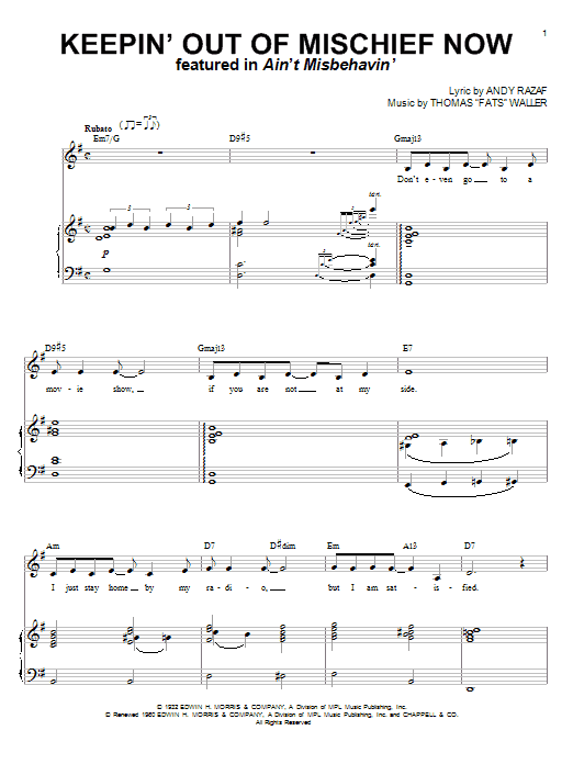 Download Fats Waller Keepin' Out Of Mischief Now Sheet Music and learn how to play Piano, Vocal & Guitar (Right-Hand Melody) PDF digital score in minutes