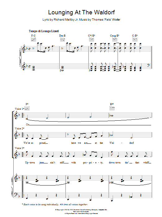 Download Fats Waller Lounging At The Waldorf Sheet Music and learn how to play Piano, Vocal & Guitar PDF digital score in minutes
