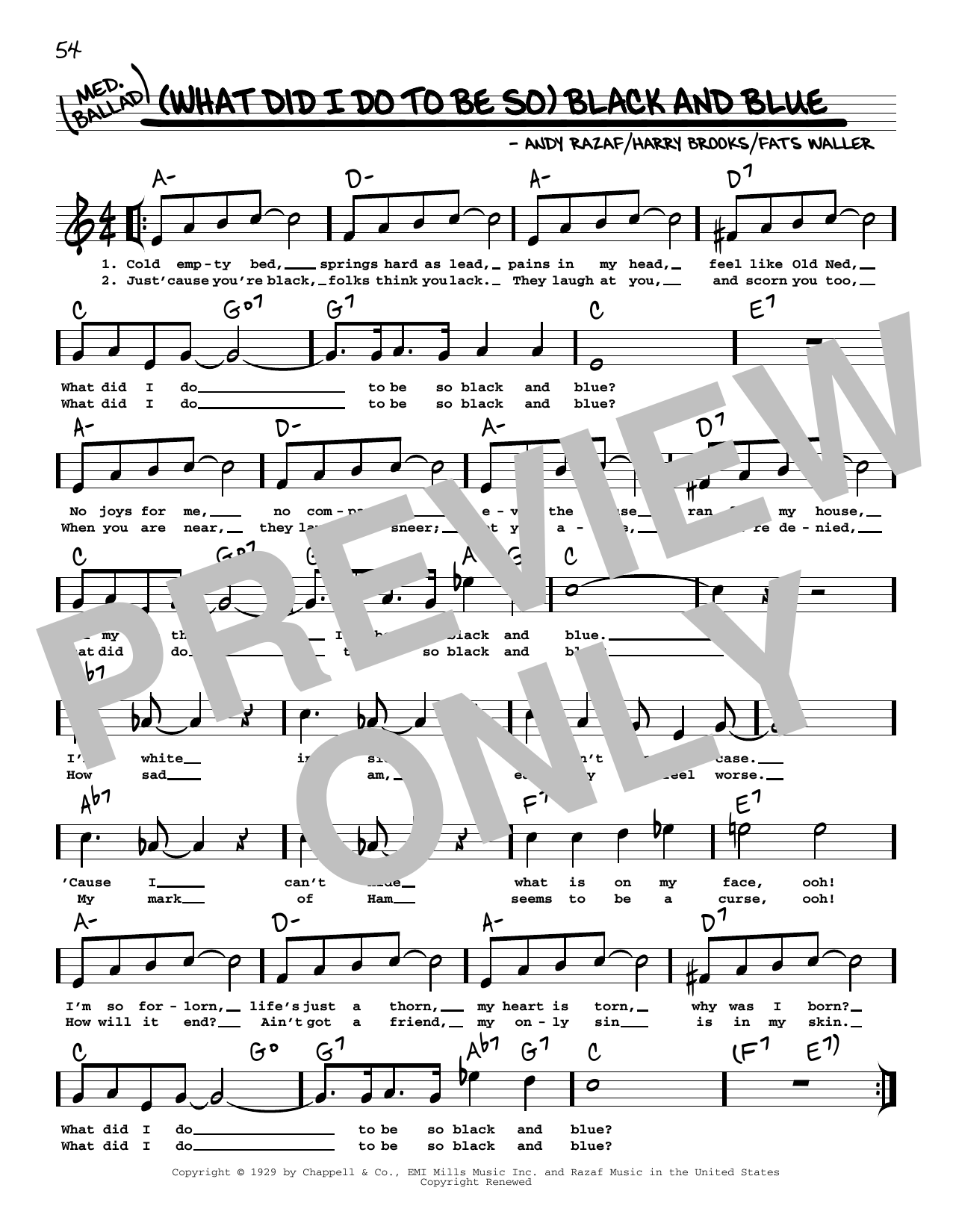 Download Fats Waller (What Did I Do To Be So) Black And Blue (arr. Robert Rawlins) Sheet Music and learn how to play Real Book – Melody, Lyrics & Chords PDF digital score in minutes