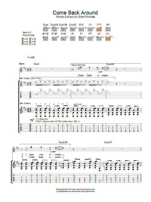 Download Feeder Come Back Around Sheet Music and learn how to play Melody Line, Lyrics & Chords PDF digital score in minutes