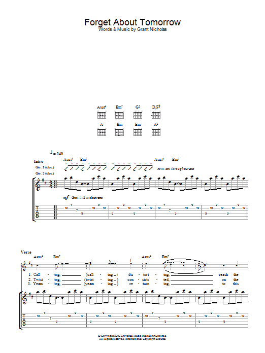 Download Feeder Forget About Tomorrow Sheet Music and learn how to play Keyboard PDF digital score in minutes