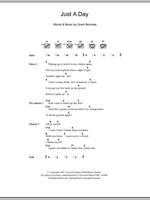 Download Feeder Just A Day Sheet Music and learn how to play Lyrics & Chords PDF digital score in minutes