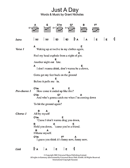 Download Feeder Just A Day Sheet Music and learn how to play Lyrics & Chords PDF digital score in minutes