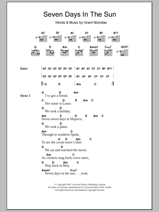 Download Feeder Seven Days In The Sun Sheet Music and learn how to play Lyrics & Chords PDF digital score in minutes