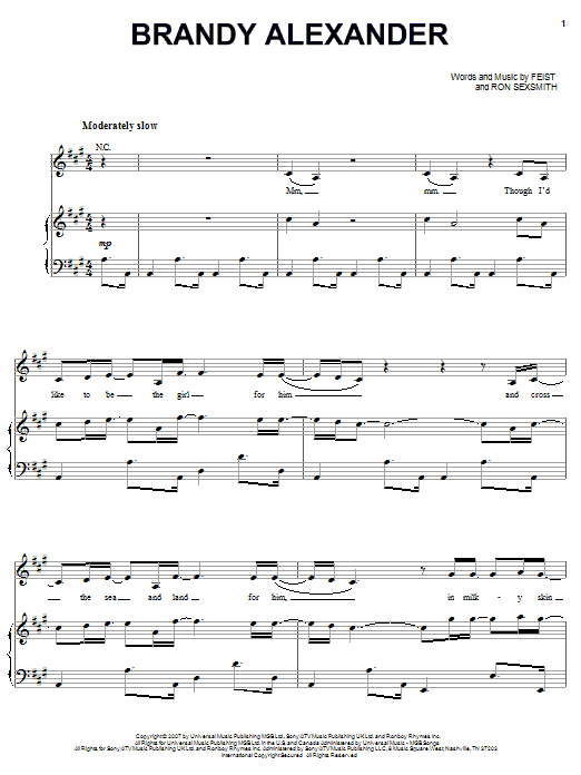 Download Feist Brandy Alexander Sheet Music and learn how to play Piano, Vocal & Guitar (Right-Hand Melody) PDF digital score in minutes