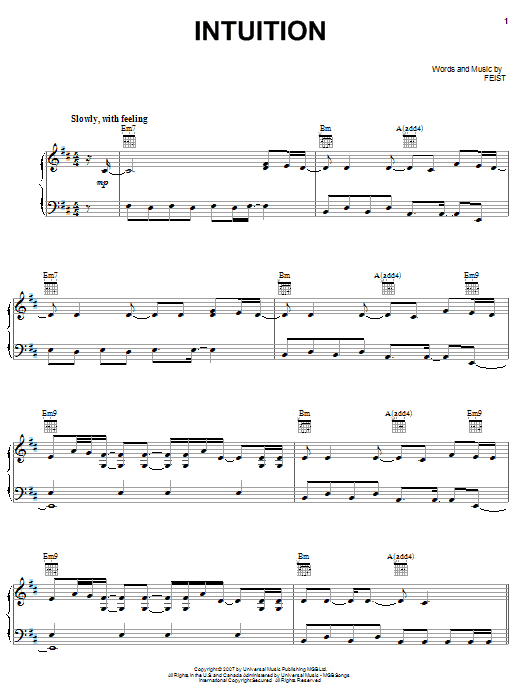 Download Feist Intuition Sheet Music and learn how to play Piano, Vocal & Guitar (Right-Hand Melody) PDF digital score in minutes