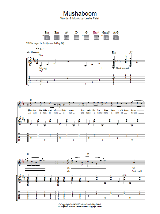 Download Feist Mushaboom Sheet Music and learn how to play Guitar Tab PDF digital score in minutes