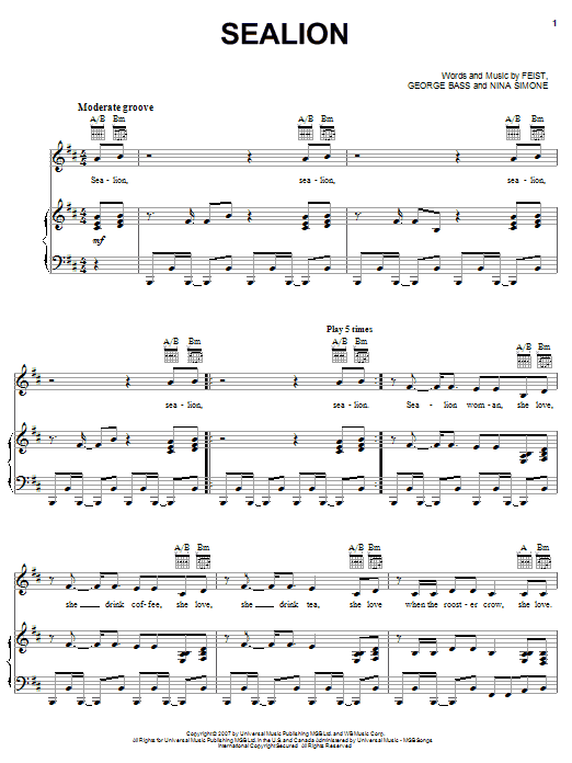 Download Feist Sealion Sheet Music and learn how to play Piano, Vocal & Guitar (Right-Hand Melody) PDF digital score in minutes