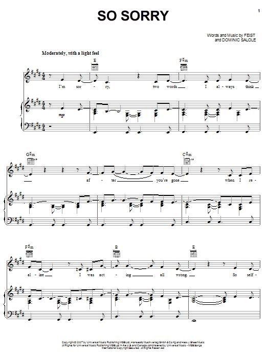 Download Feist So Sorry Sheet Music and learn how to play Piano, Vocal & Guitar (Right-Hand Melody) PDF digital score in minutes