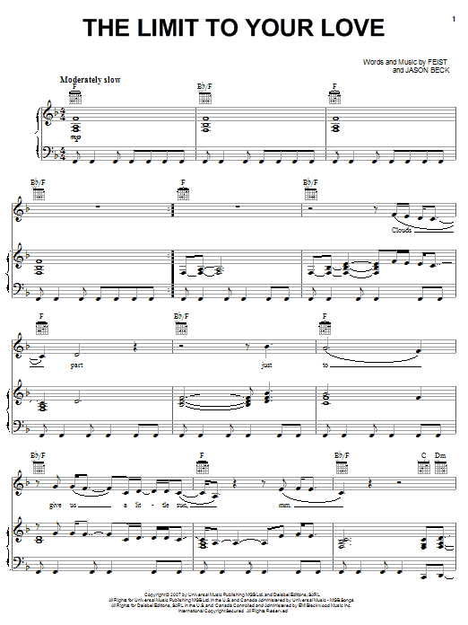 Download Feist The Limit To Your Love Sheet Music and learn how to play Piano, Vocal & Guitar (Right-Hand Melody) PDF digital score in minutes