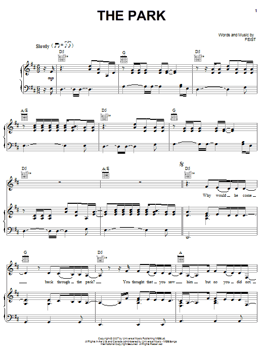 Download Feist The Park Sheet Music and learn how to play Piano, Vocal & Guitar (Right-Hand Melody) PDF digital score in minutes